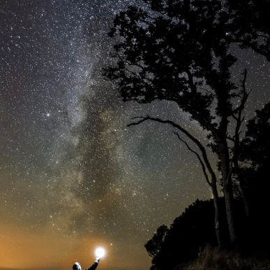 En mand med lygte lyser op mod en imponerende stjernehimmel. 