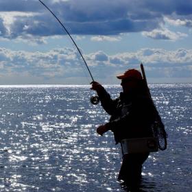 Sort silhuet af sportsfisker, der står med siden til og fisker i dybblåt vand op mod en blå himmel med blå skyer. Han har bid.