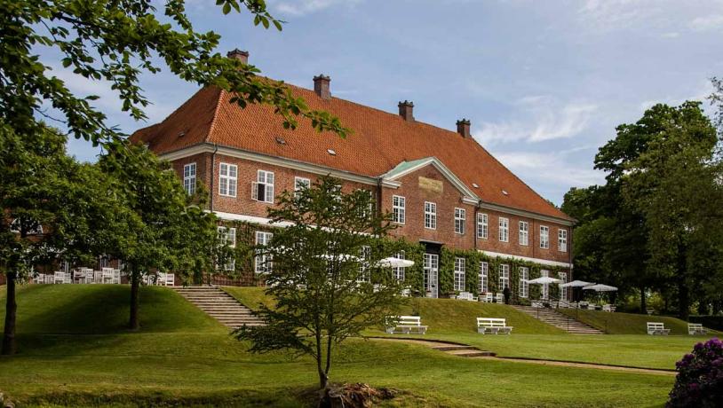 I forgrunden står fire træer. Bag dem ser man Hindsgavls slots røde bygning i kontrast til den blå himmel.