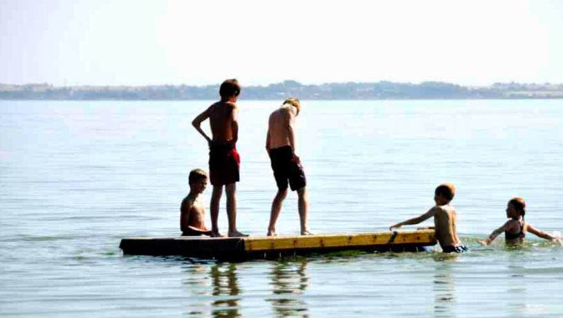 Fem badende børn ved Drejø. To børn står oppe på en træ-platform, de tre andre er nede i vandet.