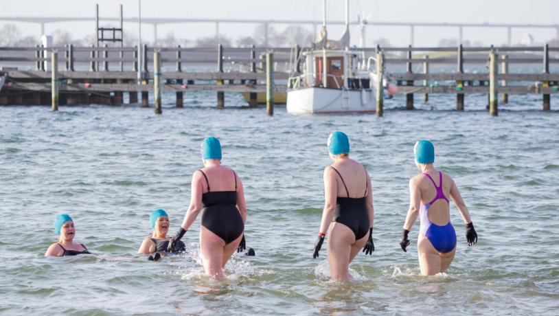 Vinterbadning på Fyn, gruppe af kvinder der vinterbader 