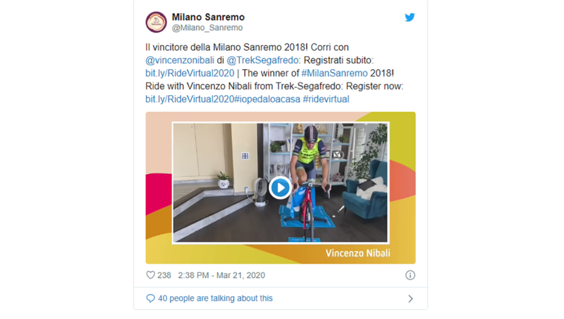 Skærmudklip af et Twitter-opslag. Opslaget er lavet af "Milano Sanremo" . Opslaget består af et billede af en cykelrytter og en italiensk tekst.