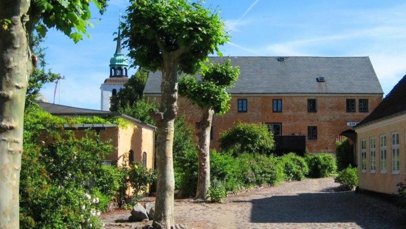 Allé med grønne træer og Andelen Guesthouse-bygningen i baggrunden