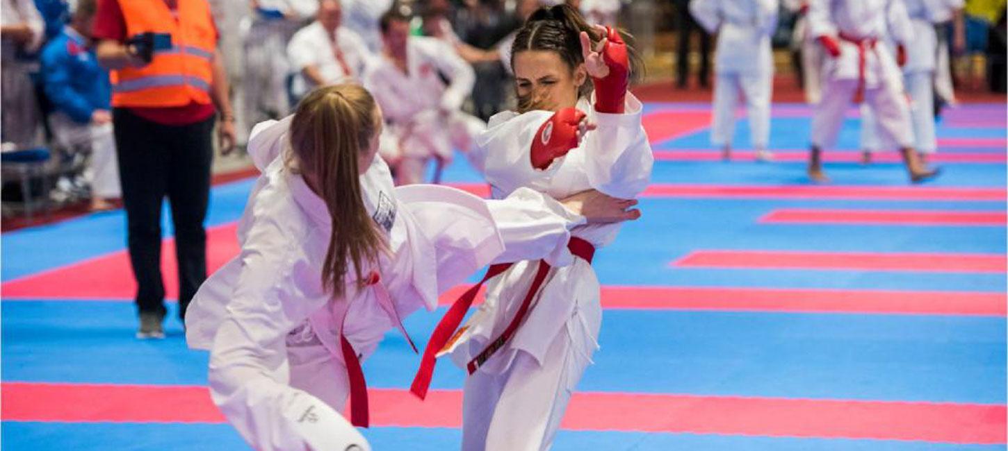 Et blåt og rødt gulv fylder det meste af billedet. I forgrunden af billedet er to piger klædt i hvidt i gang med en karate kamp. Den ene er ved at sparke den anden i højre side af overkroppen. I baggrunden ses en mand i en orangevest og andre karateudøvere klædt i hvidt i gang med deres kampe.