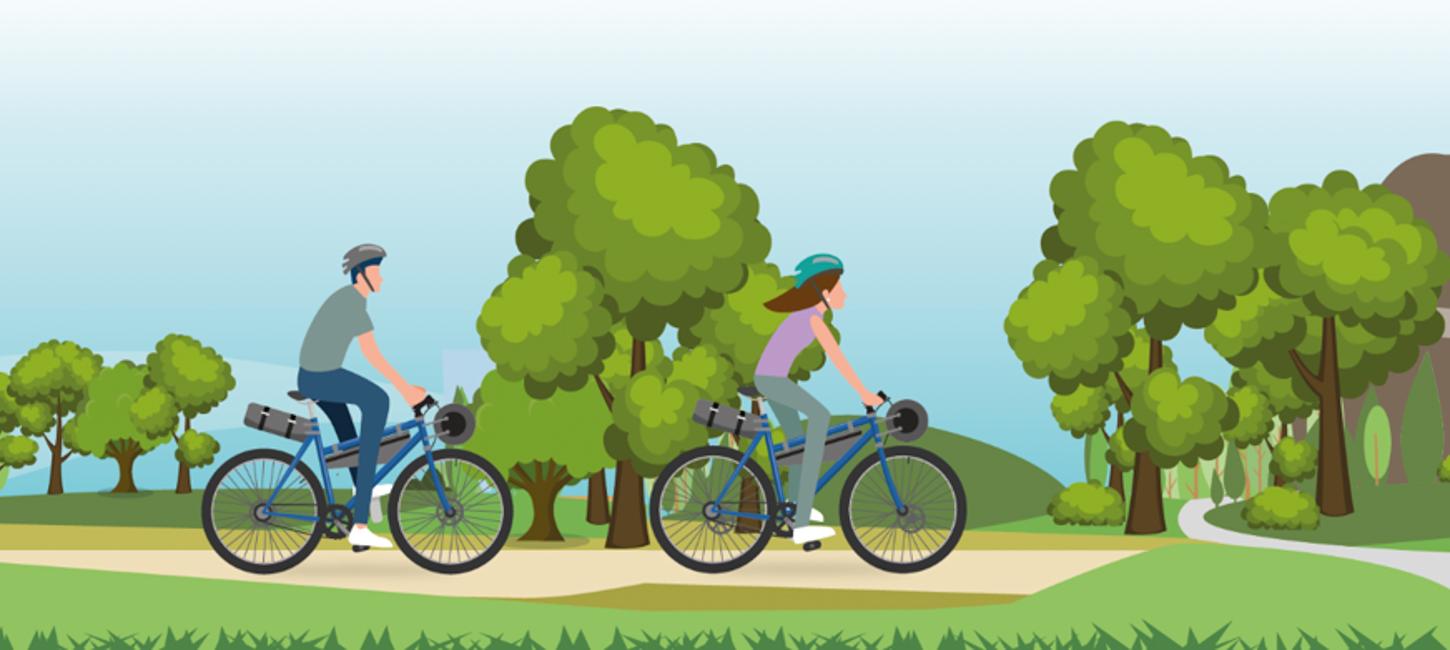 Grafik med to cyklister, en kvinde og en mand, der cykler af sted på en grussti omgivet af træer og andet grønt.