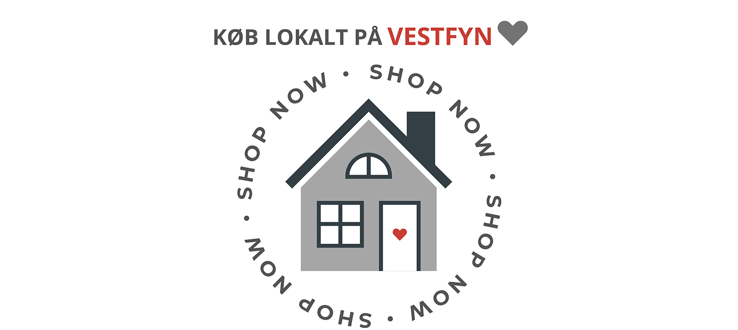 Grafik af et gråt lille hus med et rødt hjerte på hoveddøren. Det er omgivet af en cirkel af ordene "Shop now" fire gange. Øverst står "Køb lokalt på Vestfyn".