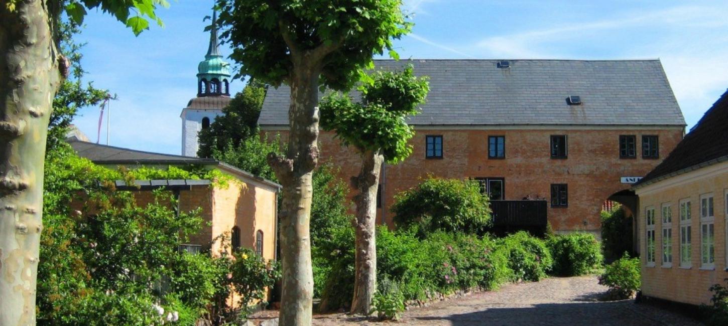 Allé med grønne træer og Andelen Guesthouse-bygningen i baggrunden