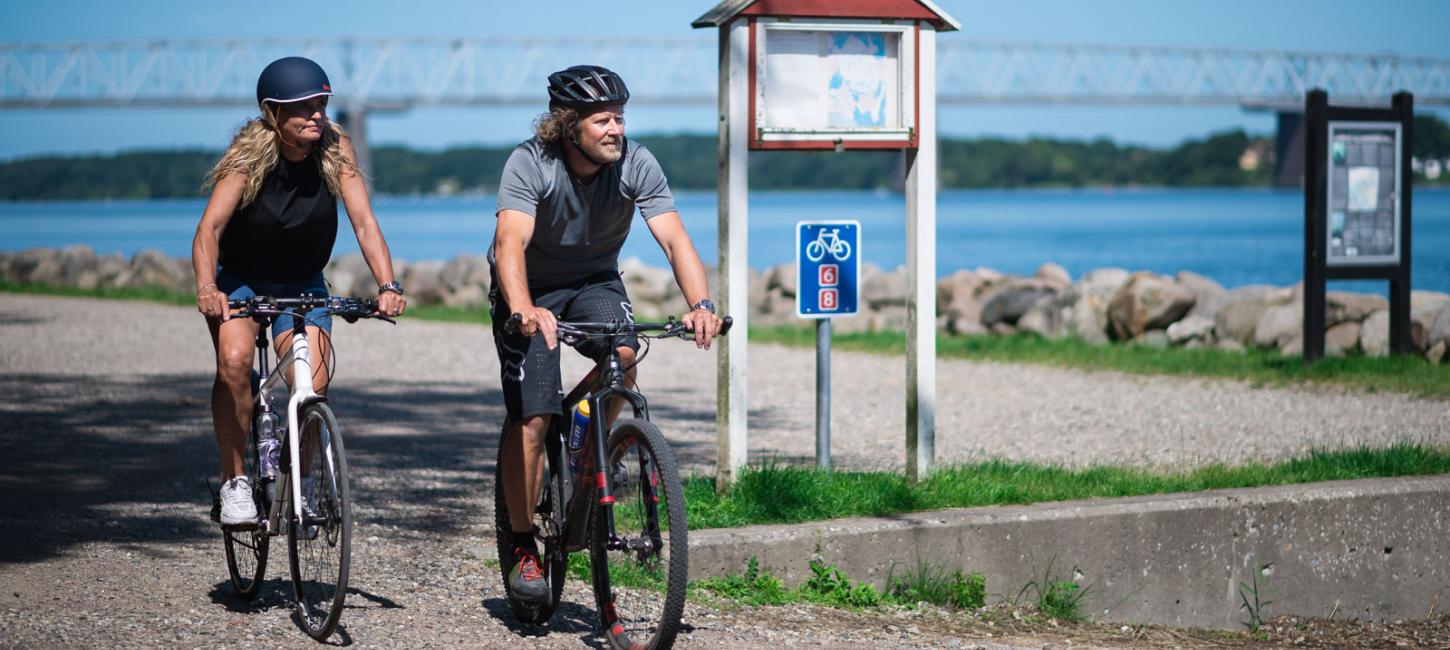 En kvinde og en mand cykler på en cykelsti langs vandet i solskinsvejr. I baggrunden er den gamle lillebæltsbro.