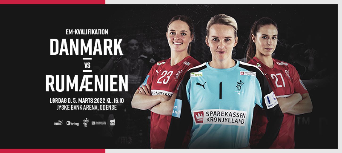 Plakat med tre kvindelige håndboldspillere og teksten: EM-kvalifikation Danmark-Rumænien