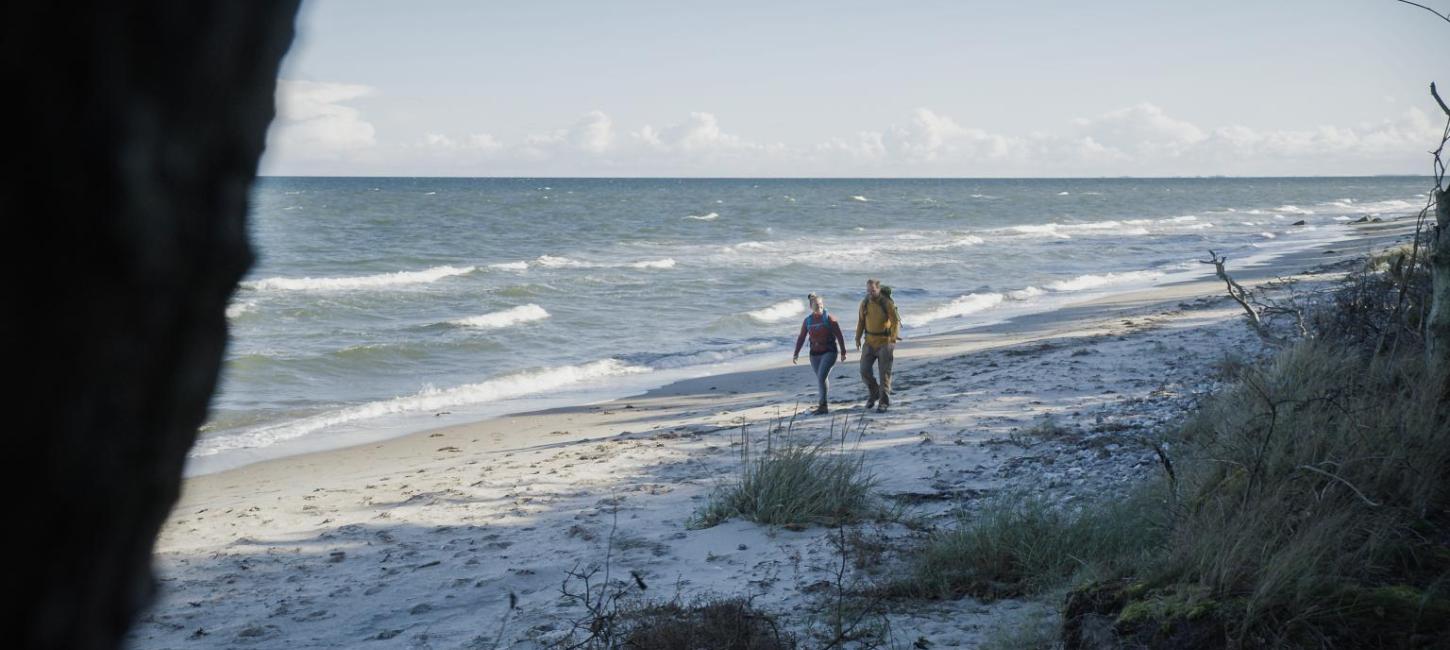 Par, der vandrere på stranden
