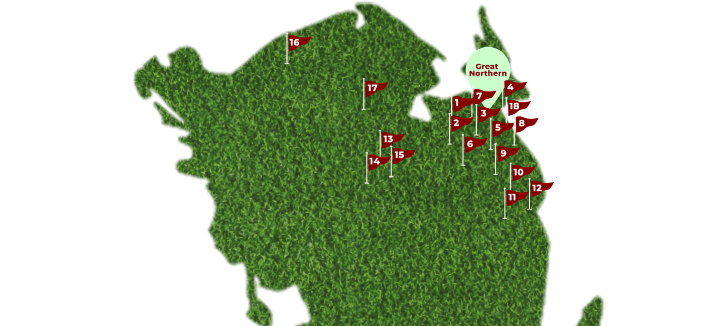 Et kort af Fyn med 18 nummererede golfflag placeret på det nordlige af Fyn