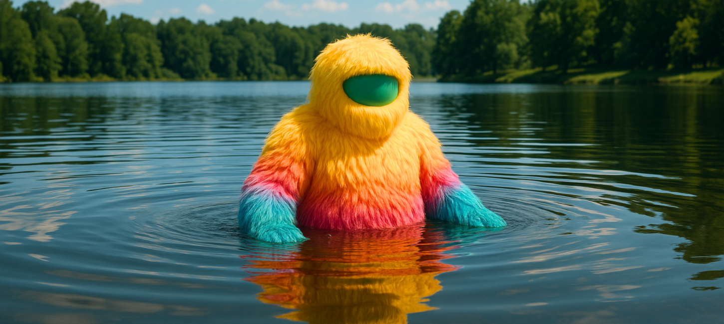 AI-genereret billeder af stort, farverigt pelset væsen i sø