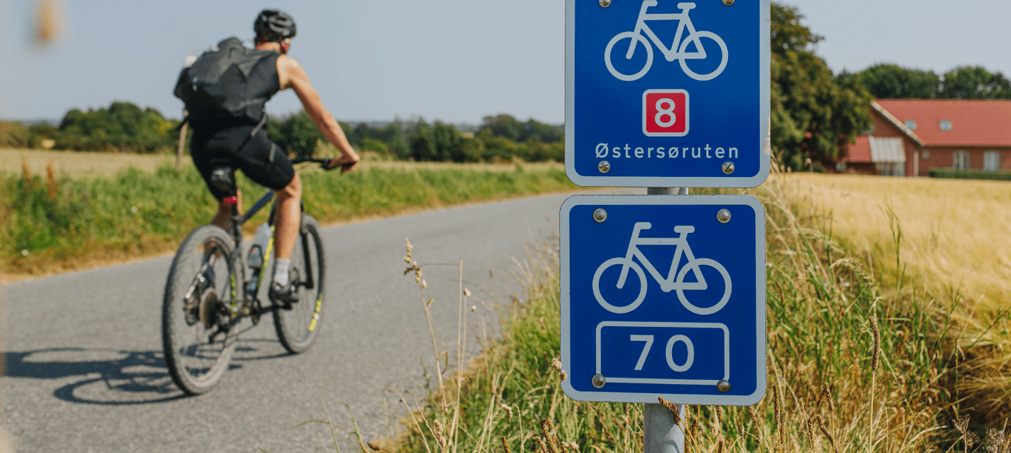 En cyklist cykler på en asfaltvej en sommerdag og i forgrunden er et blot trafikskilt med 8 tal og Østersøruten på