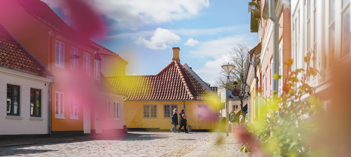 Under en blå og gennem et bed med grønne planter ses en brostensgade med gamle farverige huse.