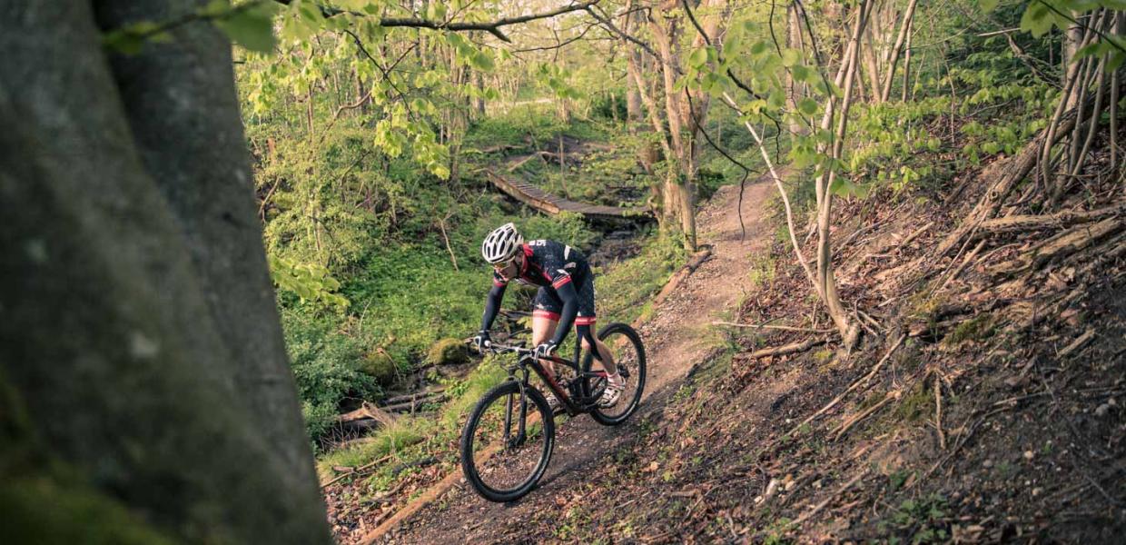 En mountainbiker kommer kørende ad en smal sti igennem en skov.