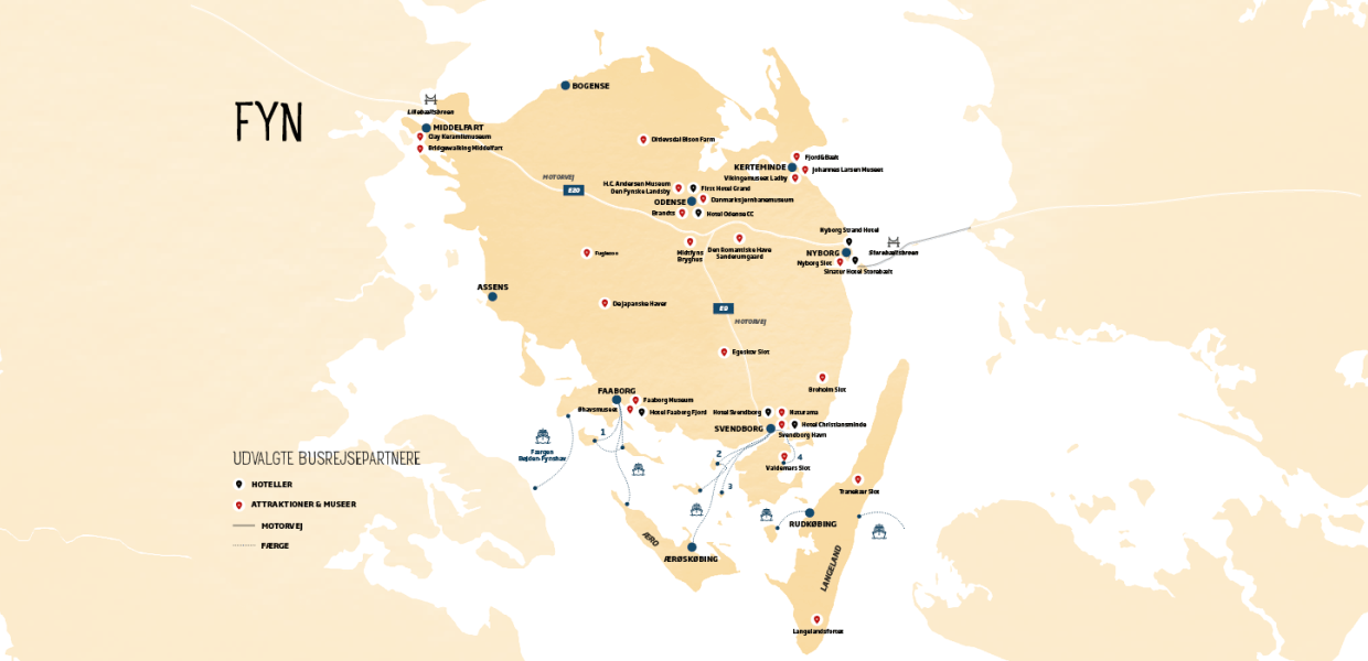 Gullig grafik med kort over Fyn og markeringer af busselskaber, der arrangerer ture rundt på Fyn.
