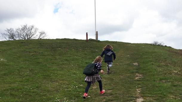 To børn på vej op ad en grøn bakke med en flagstang på toppen.