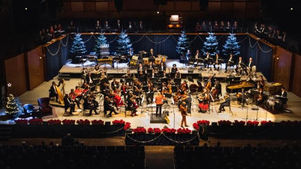Odense Symfoniorkester spiller til en julekoncert med juletræer i baggrunden.