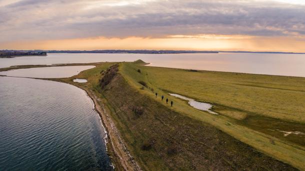 Udsigt over de grønne Bobakker på Helnæs med havet og en smuk horisont i baggrunden