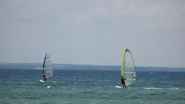 To windsurfere står med oprejst sejl på havet 