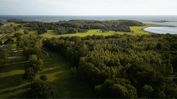 Et dronefoto af en golfbane med fyrretræer, der grænser op til hav