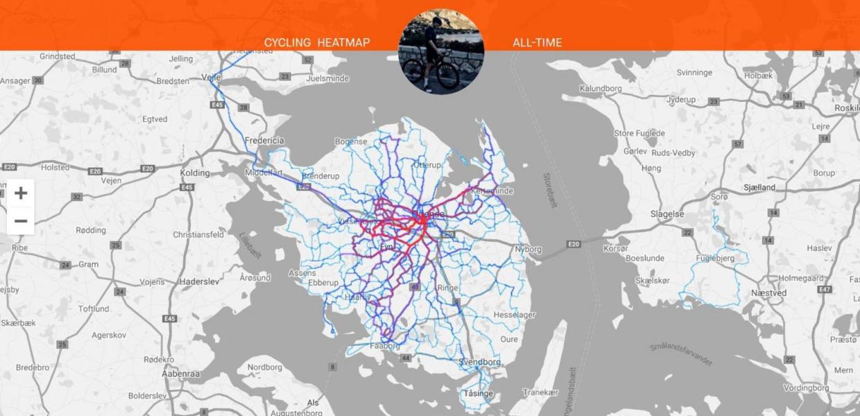 Skærmprint af Strava-kort over Fyn med Bo Jessens cykelruter indtegnet.