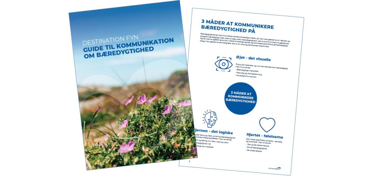 En grafik af to stykker papir der skal forestille en Kommunikationsguide for Bæredygtighed