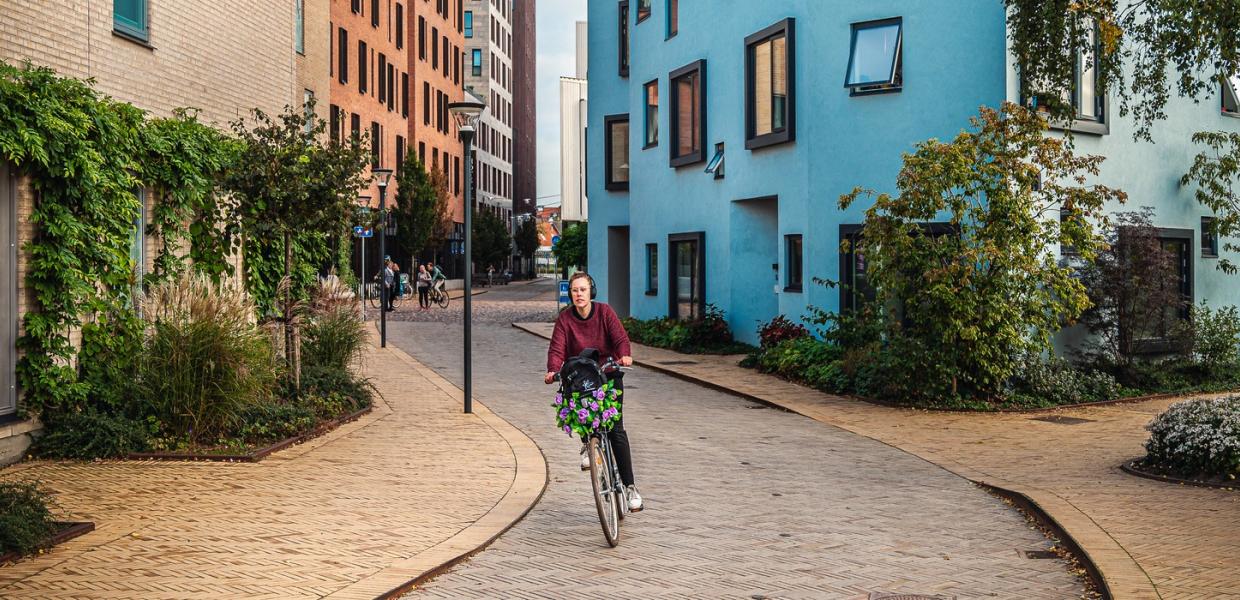 En cyklist med blomster i cykelkurven kommer cyklende i det nye kvarter 'Carl Nielsen kvarter' i Odense. Lejlighederne omkring er beige, blå, orange og bordeaux. Her ses også en masse grønne planter..  