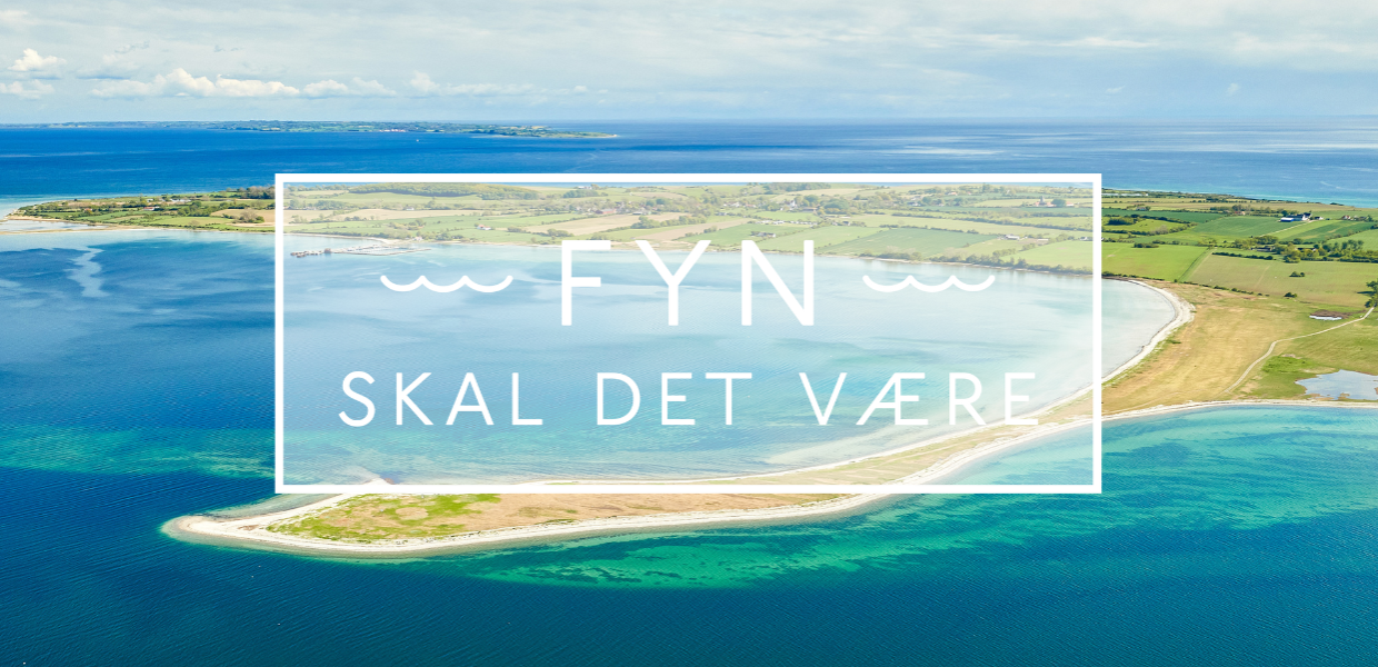 Blåt hav, grøn ø og sandstrand set oppefra. Og teksten Fyn skal det være