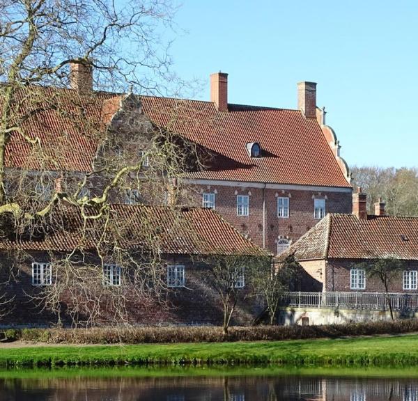 Prægtige rød herregård med røde tage. Foran bygningerne er der vand, grønt græs og et stort træ med krogede grene .