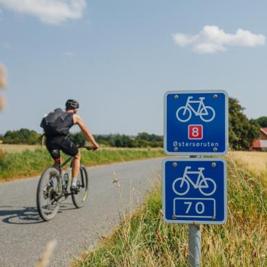 Blåt skilt med hvid cykel og et 8-tal på. Markeringen af Østersøruten. I baggrunder en cyklist og gule marker.