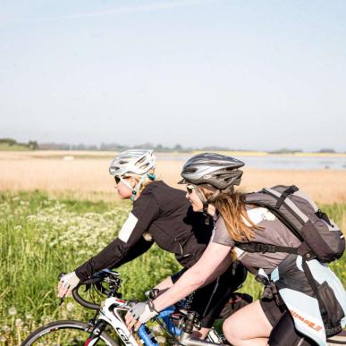 To kvinder på cykel og med cykelhjelme set fra siden. De cykler langs en grøn og gul mark.