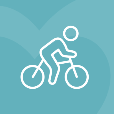 Grafik med ikonet af en cyklist. Baggrunden er turkis og man kan se Destination Fyns logo.