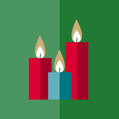 Grafik af tre brændende stearinlys. De er i hver deres størrelse  det højeste til venstre, og det mindste i midten. Baggrunden er grøn, men på midten skifter farven til en mørkere grøn.