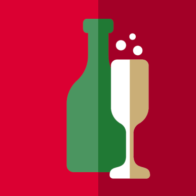 Grafik. Baggrunden er farvet i to forskellige nuancer af rød. Venstre side er lys og højre mørk. Midt i billedet er en grafik af en ølflaske, og til højre for den et champagneglas med tre små cirkler over. 