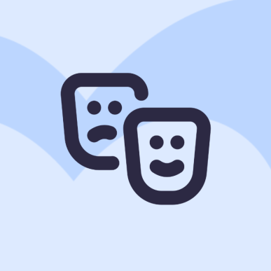 Grafik med ikonet af to masker. Baggrunden er blå og man kan se Destination Fyns logo.