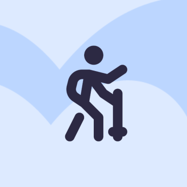 Grafik med ikonet af en hiker. Baggrunden er blå og man kan se Destination Fyns logo.