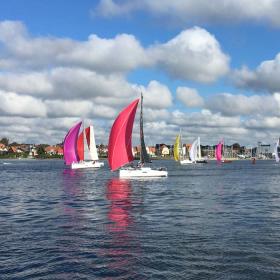 Sejlbåde med farverige sejl på vandet, sportevent