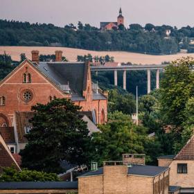 Svendborg foroven med udsigt til hustoppe, træer og marker i baggrunden.