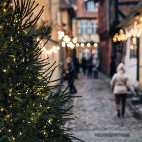 I højre side står et juletræ med julelys. Bag juletræet ses en sløret brostensgade der går ned mellem to rækker af gamle bindingsværkshuse. På husene hænger julelys, og på gaden går et par mennesker.