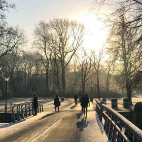 Mennesker går tur ved Munke Mose i Odense en solskinsdag om vinteren.