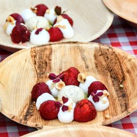 På en rød og hvid ternet dug står otte bæredygtige paptallerkner. På tallerknerne er en flot anrettet dessert bestående af jordbær, hvidt skum og en iskugle i midten. 