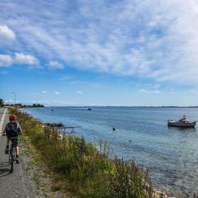 En cyklist cykler afsted på asfaltvej langs med vandet