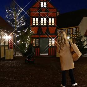 På en brostensgade går en lyshåret kvinde med ryggen til. Hun har en brun frakke og taske på. Til højre for hende ses et juletræ med lyskæde. Til vestre ses små gamle bindingsværkshuse lyst op af små træer med lyskæder på.