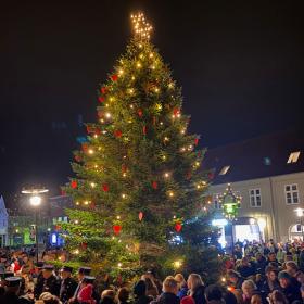 Et stort juletræ udenfor med julekæder omkring det