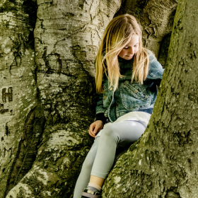 Et pigebarn med lyst hår sidder oppe i et stort, delt træ med grønne blade i baggrunden