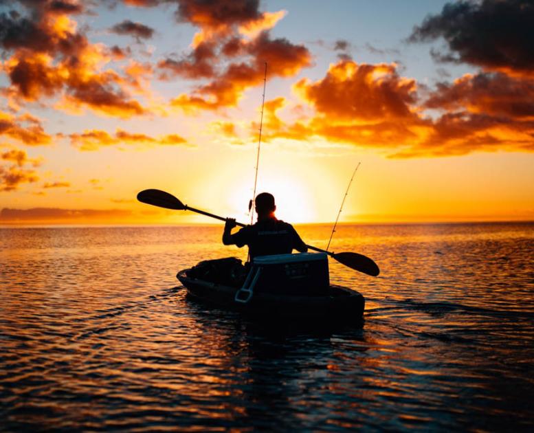 Sort silhuet af person i kajak, der sejler ud i solnedgangen på stille vand. To fiskestænger anes fra kajakken.