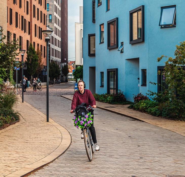 En cyklist med blomster i cykelkurven kommer cyklende i det nye kvarter 'Carl Nielsen kvarter' i Odense. Lejlighederne omkring er beige, blå, orange og bordeaux. Her ses også en masse grønne planter..  